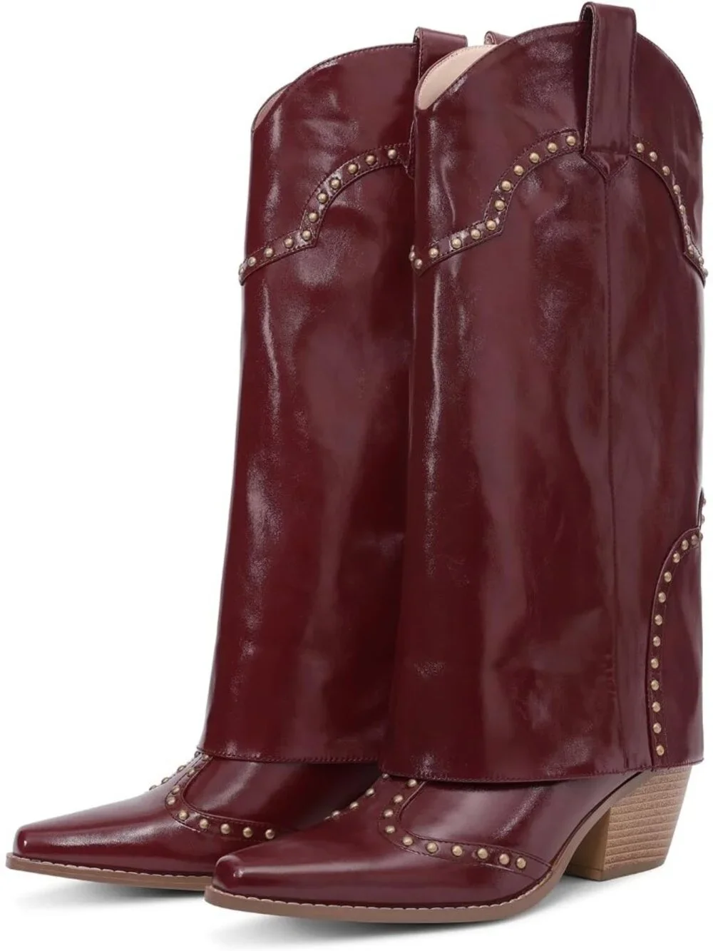 Women's Burgundy Faux Leather Over Boot Knee High Chunky Heel  Cowgirl Boot